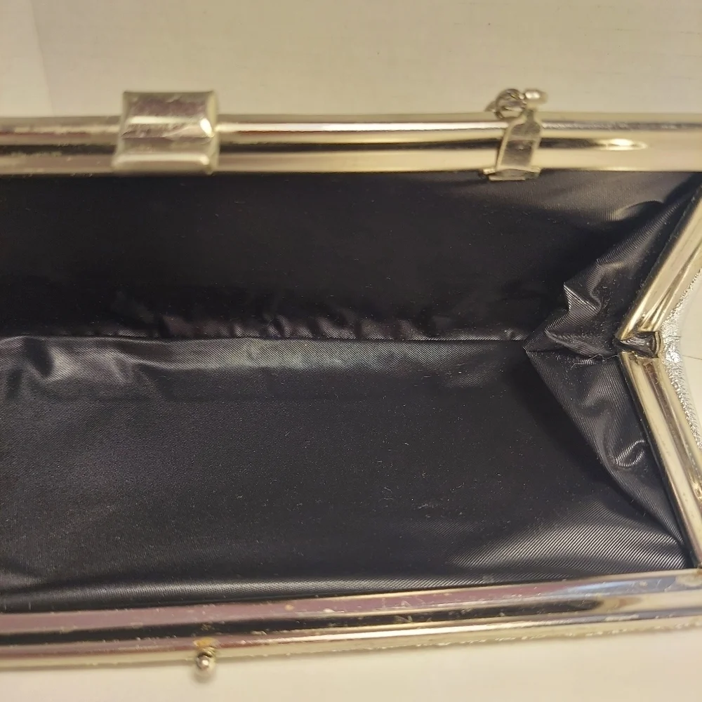 Vintage Silver Metallic + Glitter Clutch Evening Bag Purse Cocktail Prom Formal - Picture 12 of 15
